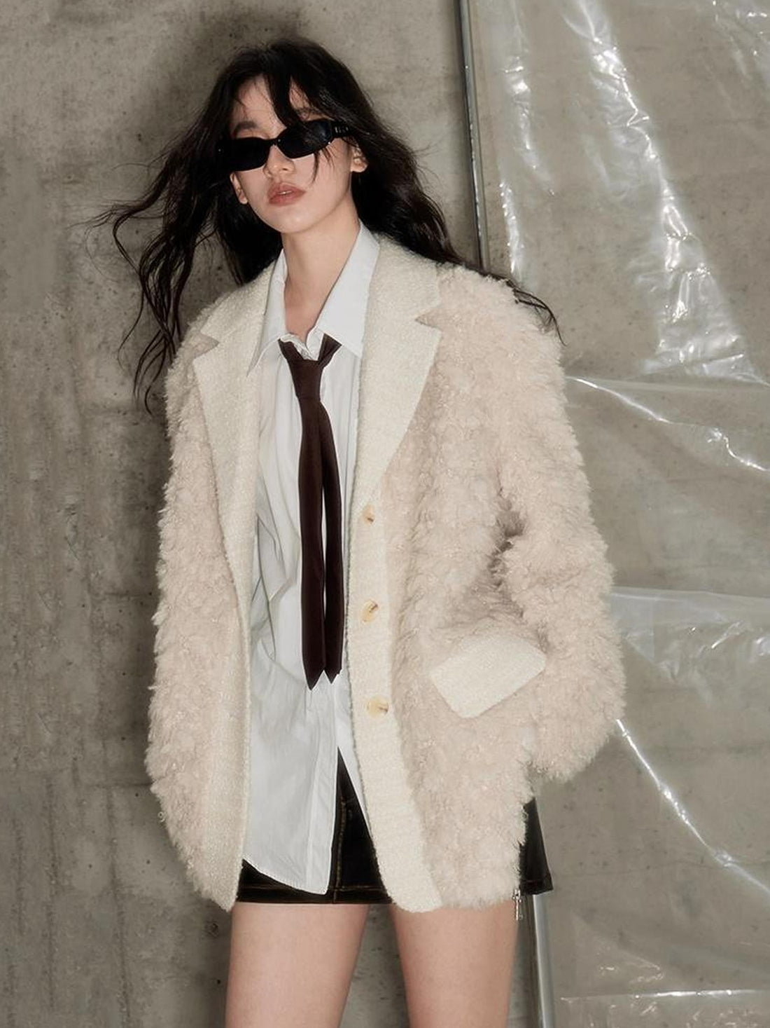 DIDDI MODA Beige Shearling Wool Blend Tailored Coat