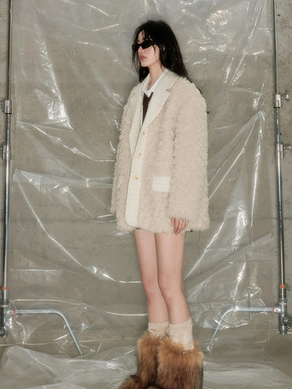 DIDDI MODA Beige Shearling Wool Blend Tailored Coat