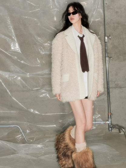 DIDDI MODA Beige Shearling Wool Blend Tailored Coat