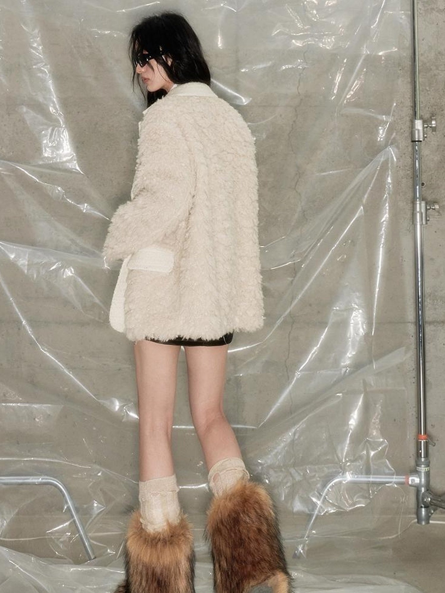 DIDDI MODA Beige Shearling Wool Blend Tailored Coat