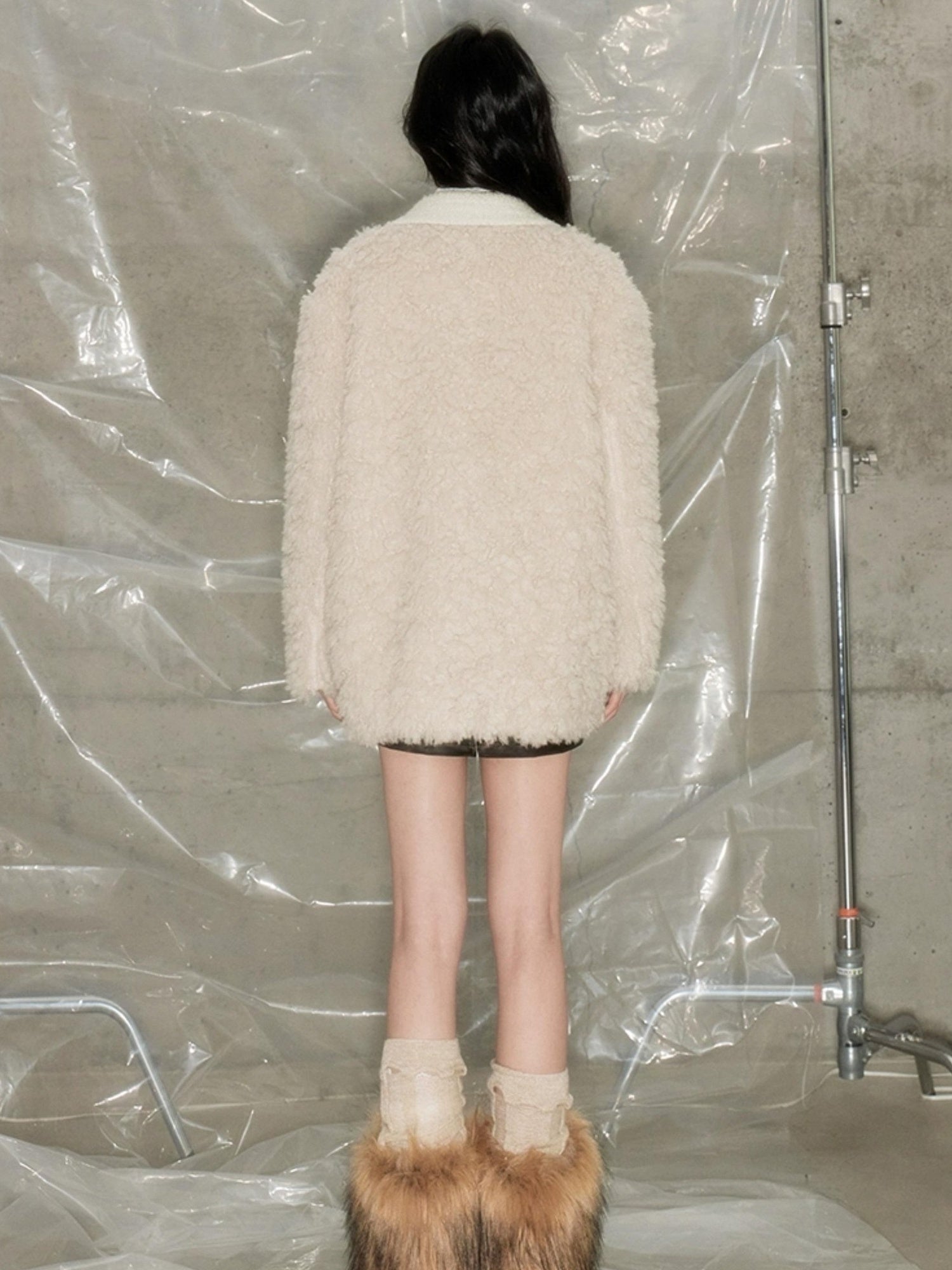 DIDDI MODA Beige Shearling Wool Blend Tailored Coat