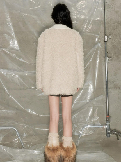 DIDDI MODA Beige Shearling Wool Blend Tailored Coat