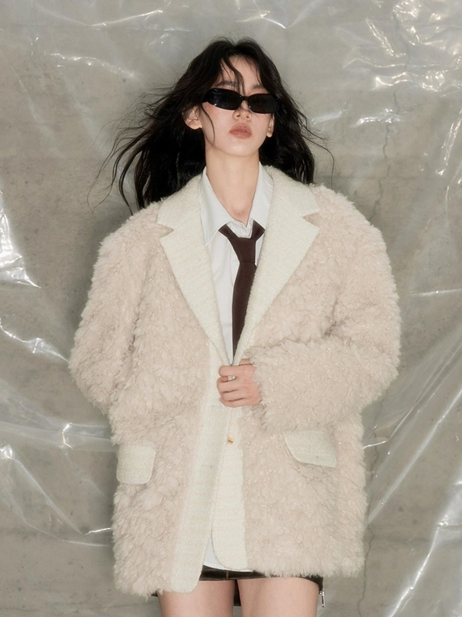 DIDDI MODA Beige Shearling Wool Blend Tailored Coat
