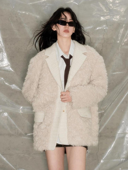 DIDDI MODA Beige Shearling Wool Blend Tailored Coat