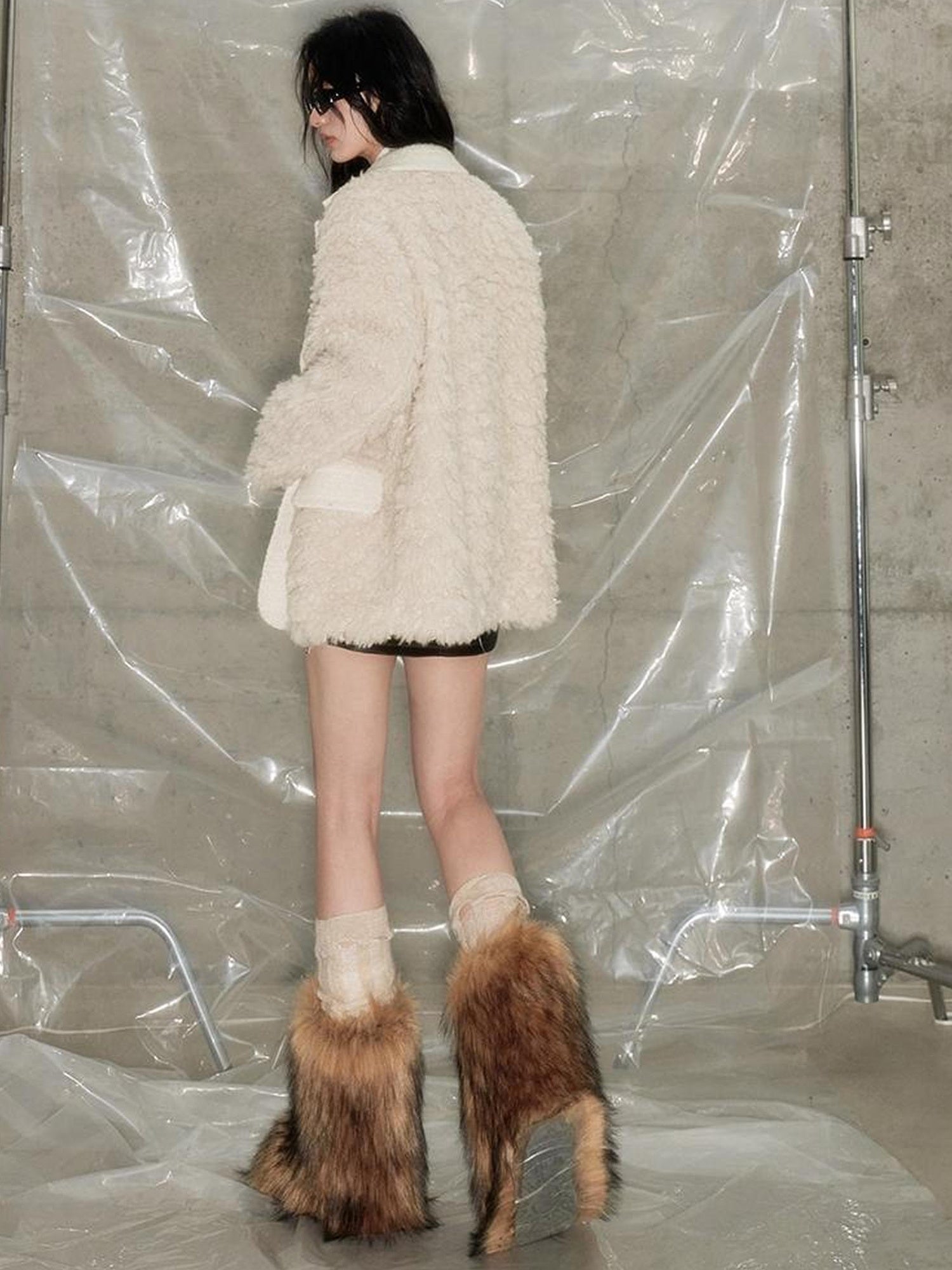 DIDDI MODA Beige Shearling Wool Blend Tailored Coat