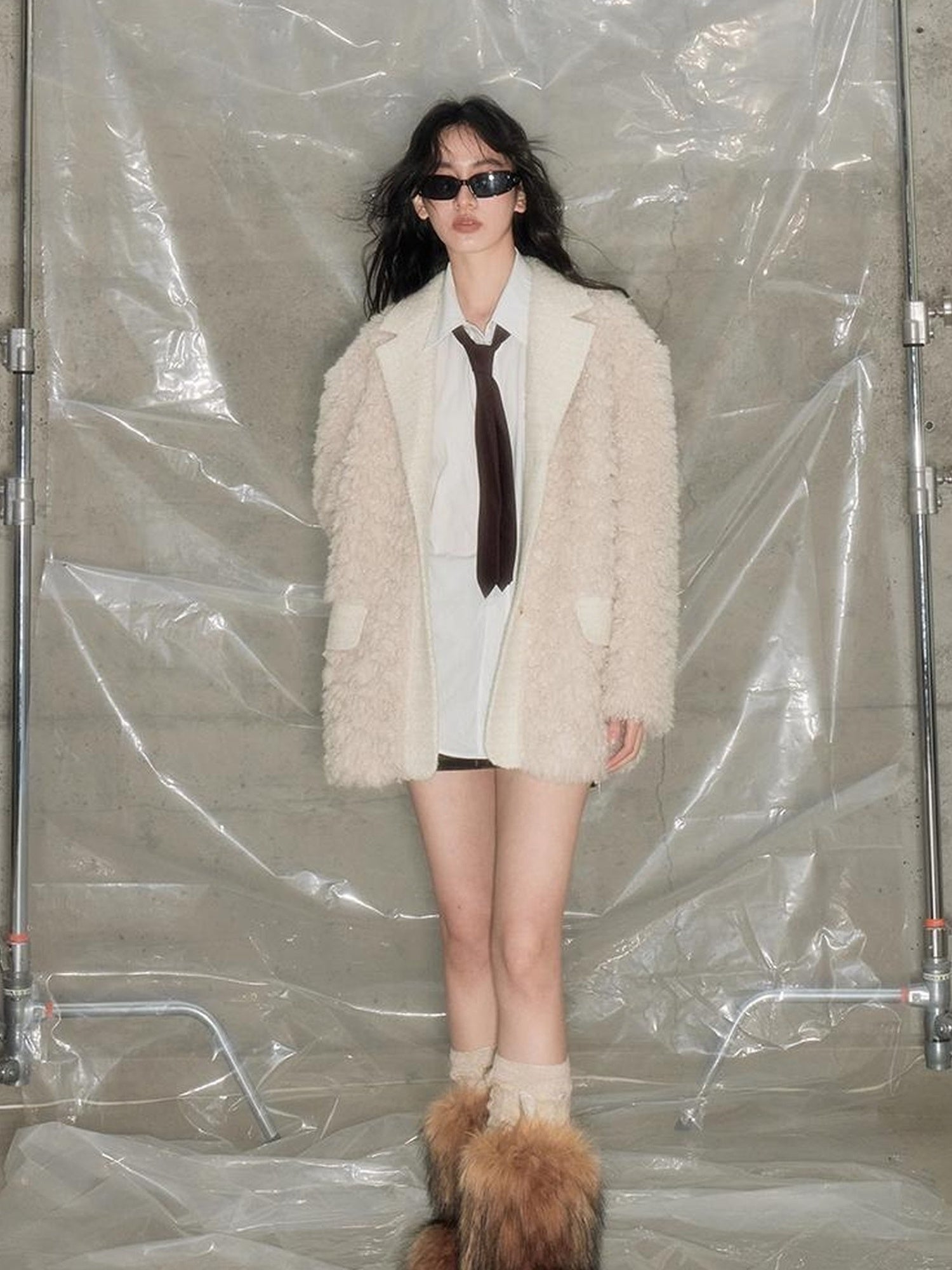DIDDI MODA Beige Shearling Wool Blend Tailored Coat
