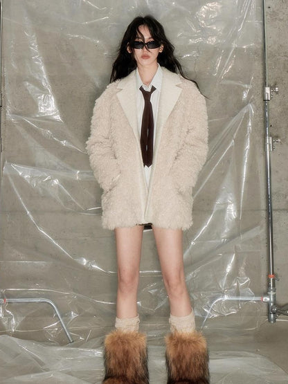 DIDDI MODA Beige Shearling Wool Blend Tailored Coat