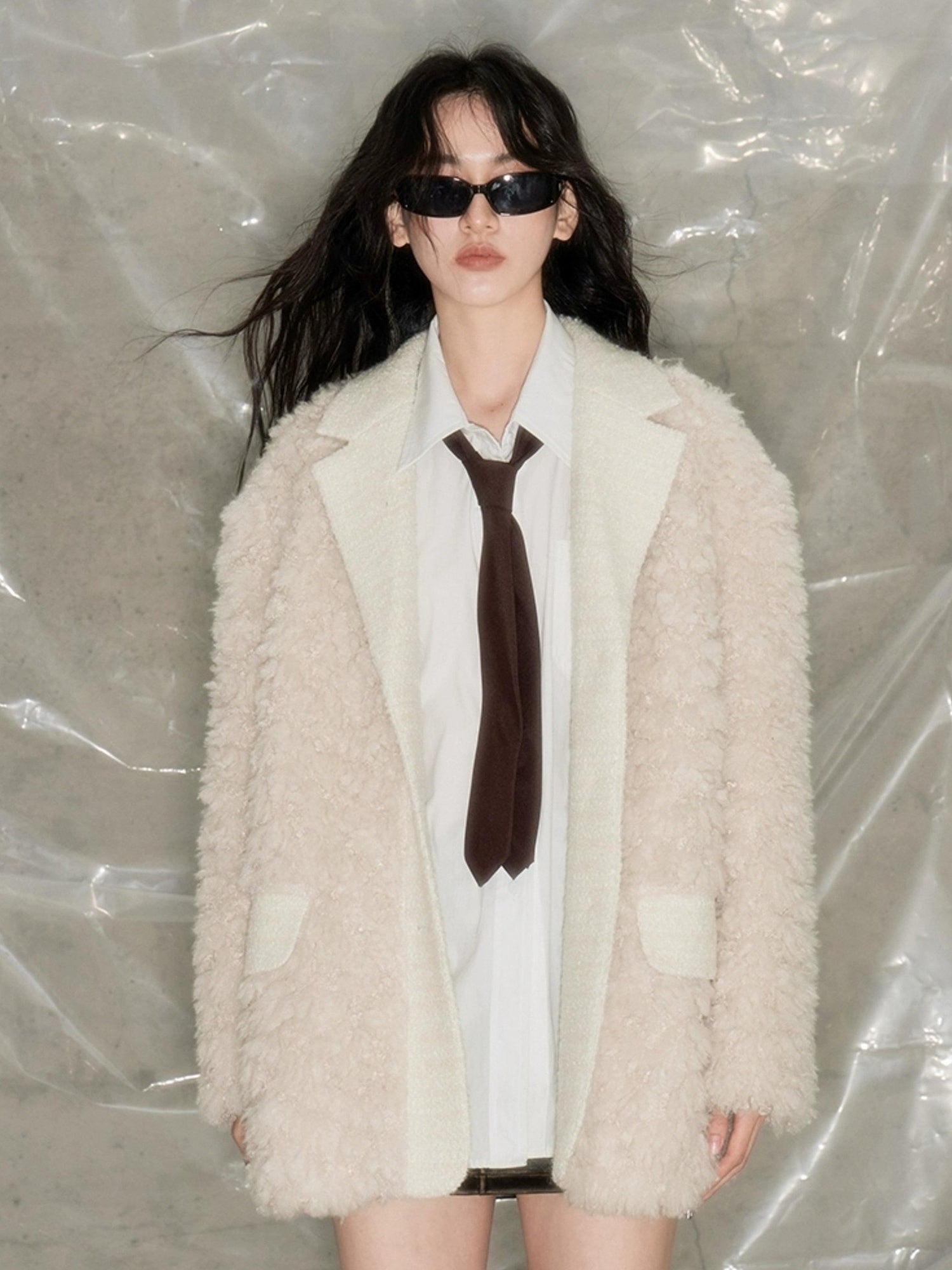 DIDDI MODA Beige Shearling Wool Blend Tailored Coat