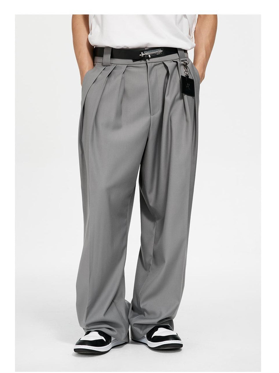 Belted Wide-Leg Pleated Trousers