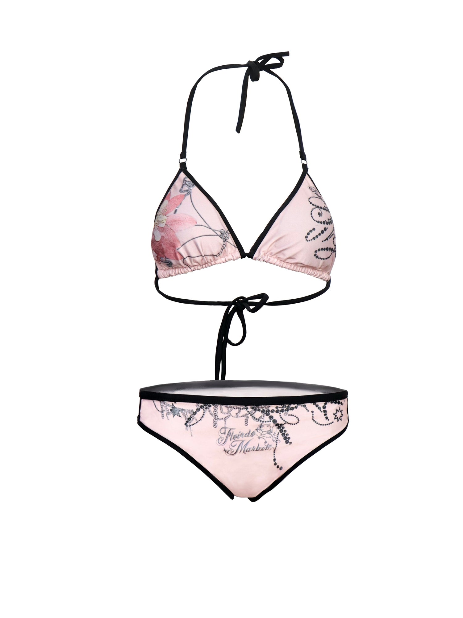 Flowers birds Market Floral Print Bikini Set with Ruffle Mesh Skirt