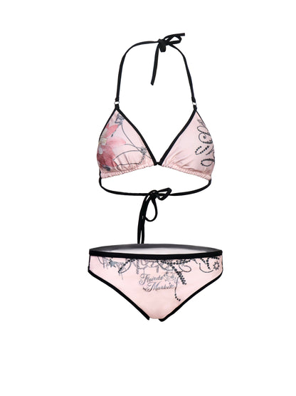 Flowers birds Market Floral Print Bikini Set with Ruffle Mesh Skirt