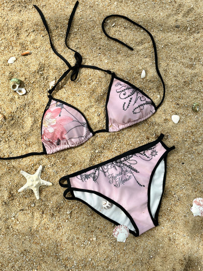 Flowers birds Market Floral Print Bikini Set with Ruffle Mesh Skirt