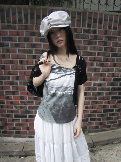 Updateang project Asymmetric Shoulder Color Block Print Tee