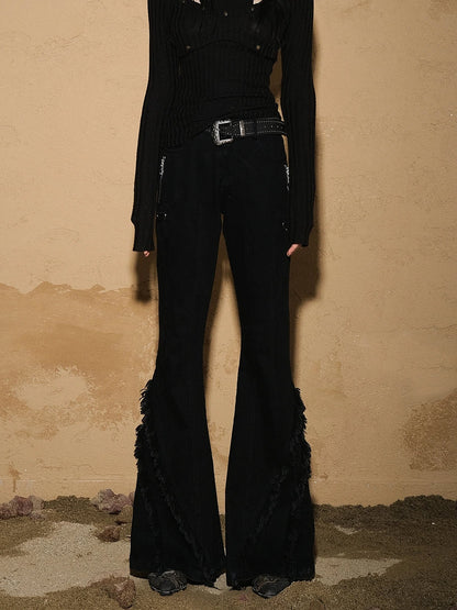Fringed Hem Flared Denim Pants