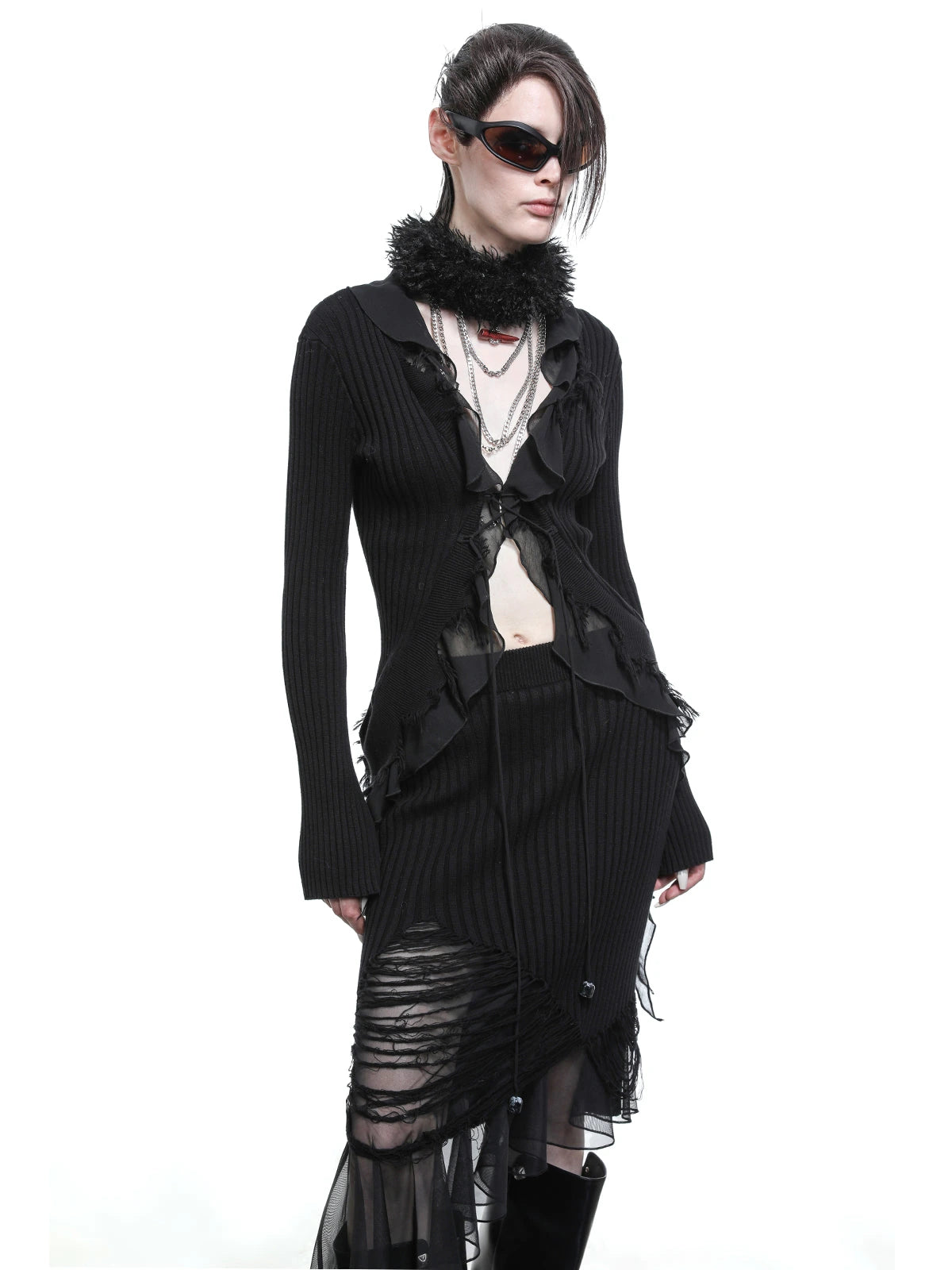 Tattered Lace Mesh Trimmed Knit Cardigan