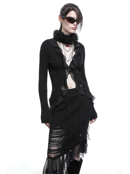 Tattered Lace Mesh Trimmed Knit Cardigan
