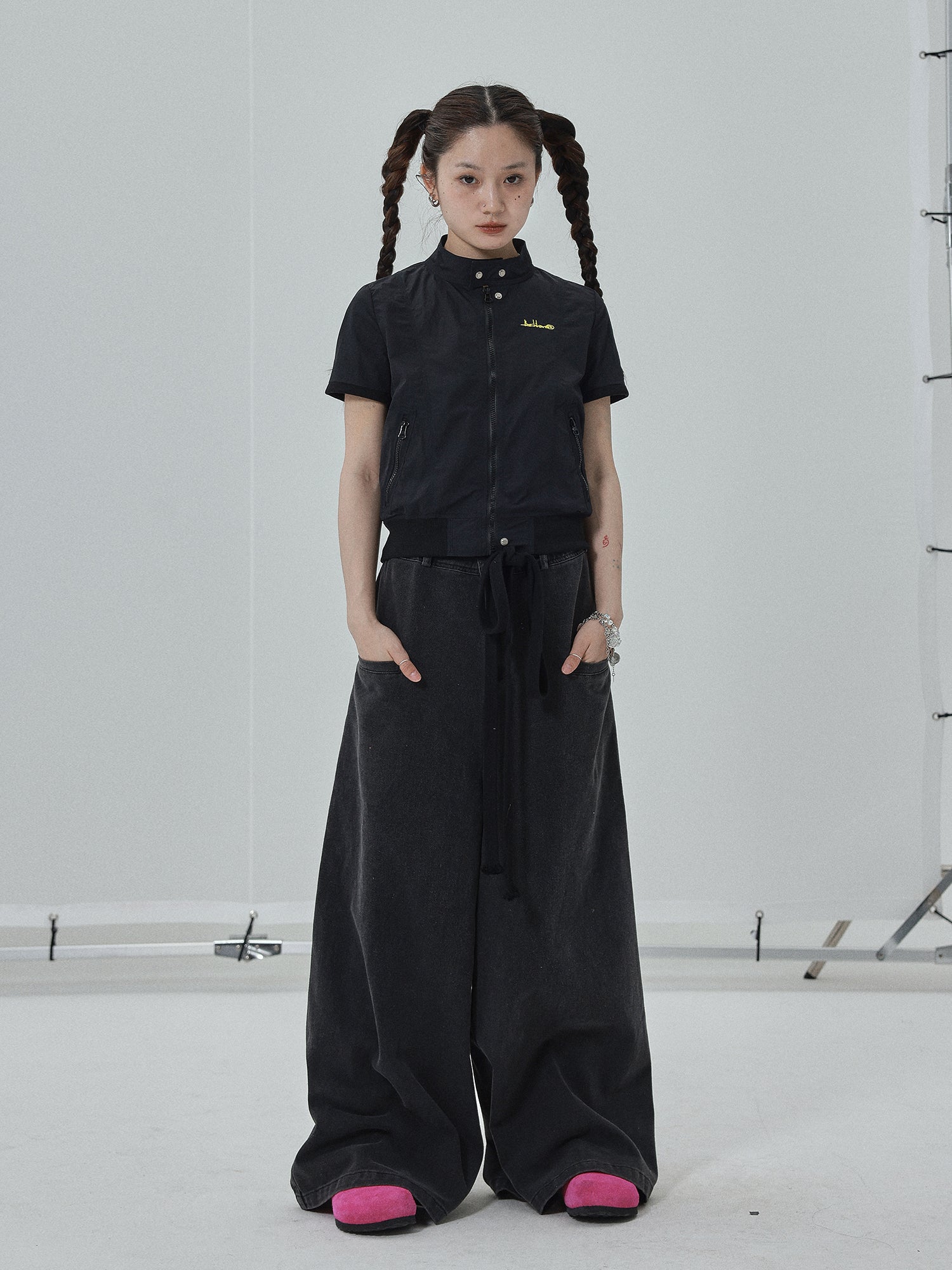 Achihara Summer Stand Collar Shirt Jacket In Black &amp; White