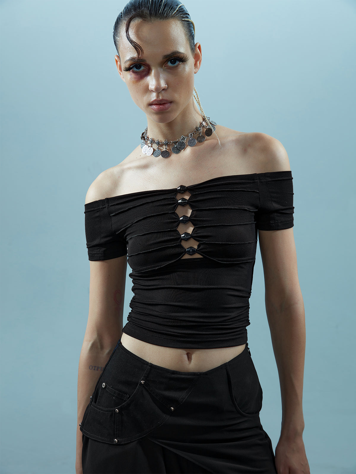 NN NORTH NODE Piscean Loom Ethereal Threads Off Shoulder Beaded Tee