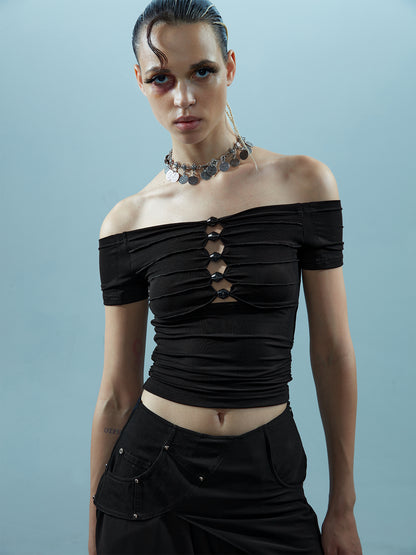 NN NORTH NODE Piscean Loom Ethereal Threads Off Shoulder Beaded Tee