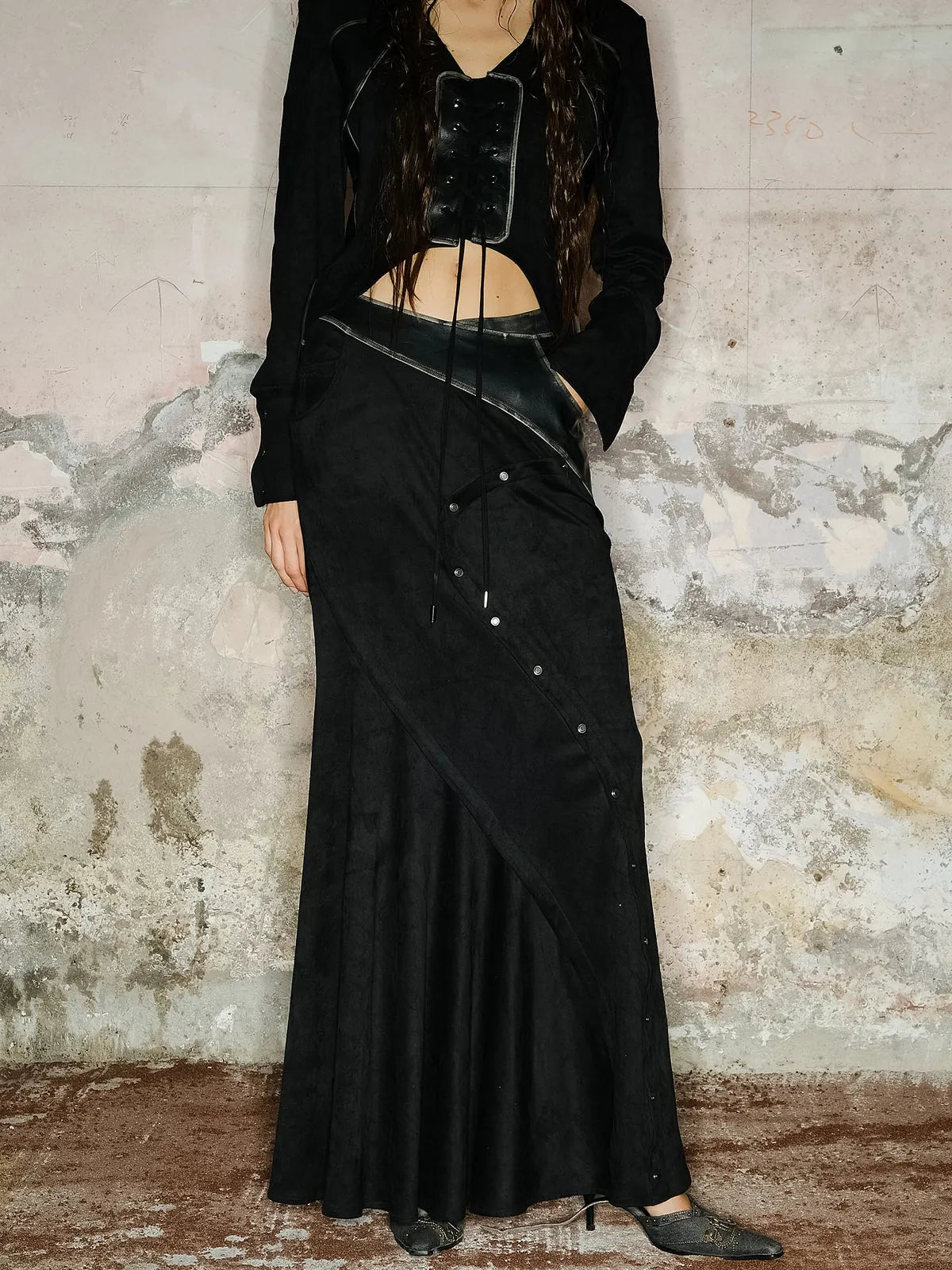 Faux Suede Midi Skirt With Pleated Panel