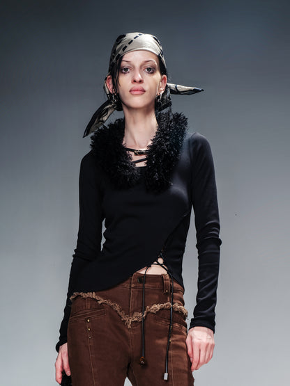 NN NORTH NODE Detachable Fur Collar Knit Top With Asymmetric Hem