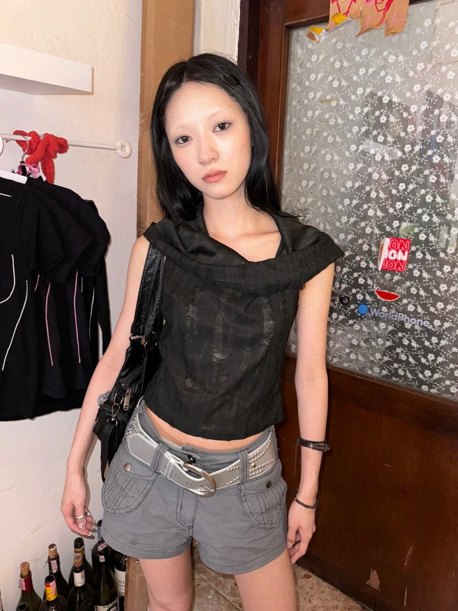 Distressed Hooded Crop Top With Off Shoulder Cutouts