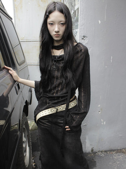 Wasteland Style Asymmetrical Collar Knit Top with Scarf