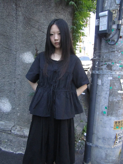 Korean Style Lightweight Tied Waist Pleated Single Row Button Short Sleeve Top