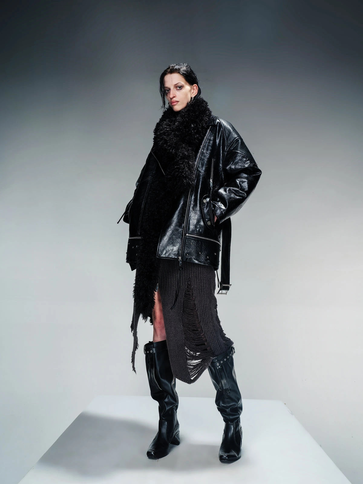 Waxed Stone Textured Leather Biker Jacket With Detachable Fur Collar