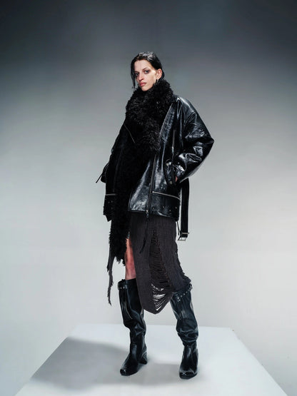 Waxed Stone Textured Leather Biker Jacket With Detachable Fur Collar
