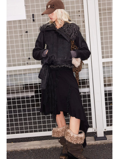 Asym Faux Fur Collar Short Padded Biker Jacket