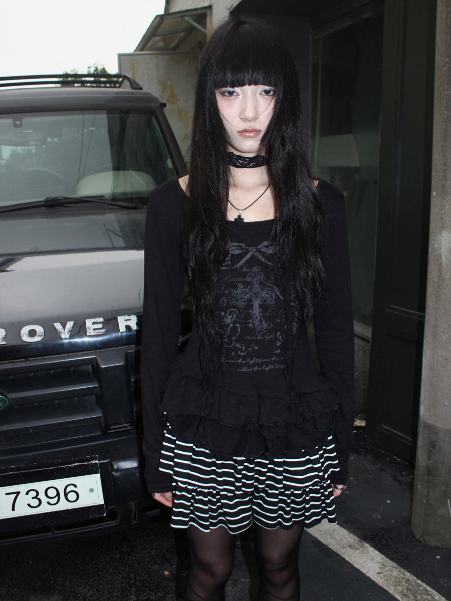 Updateang project Double Layer Floral Print Hem Ruffle Trim Long Sleeve Tee