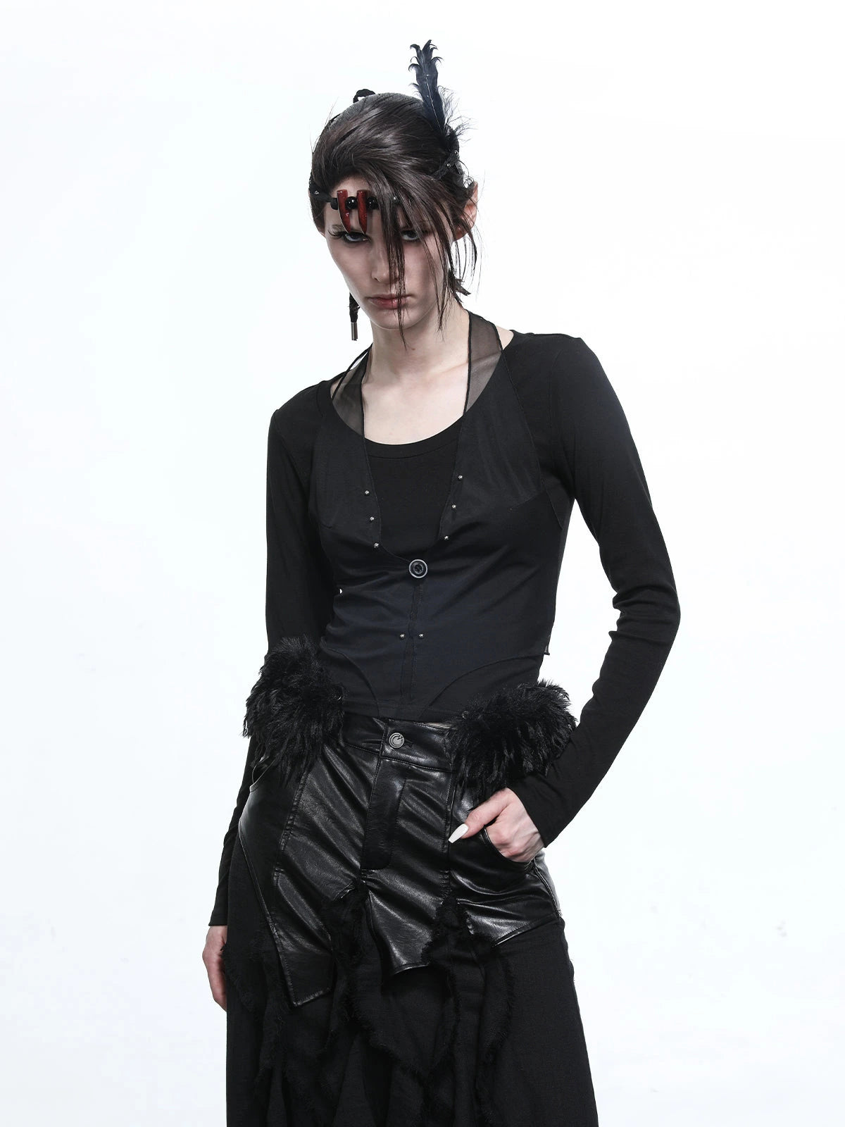 Hooded Layered Mesh Detachable Fringe T-shirt