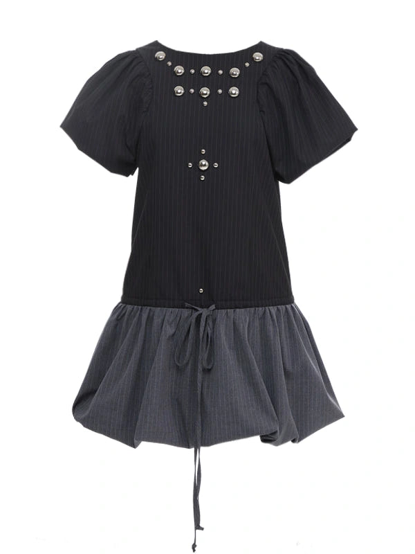 Punk Studded Floral Mini Dress Black Gray V Neck