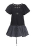 Punk Studded Floral Mini Dress Black Gray V Neck