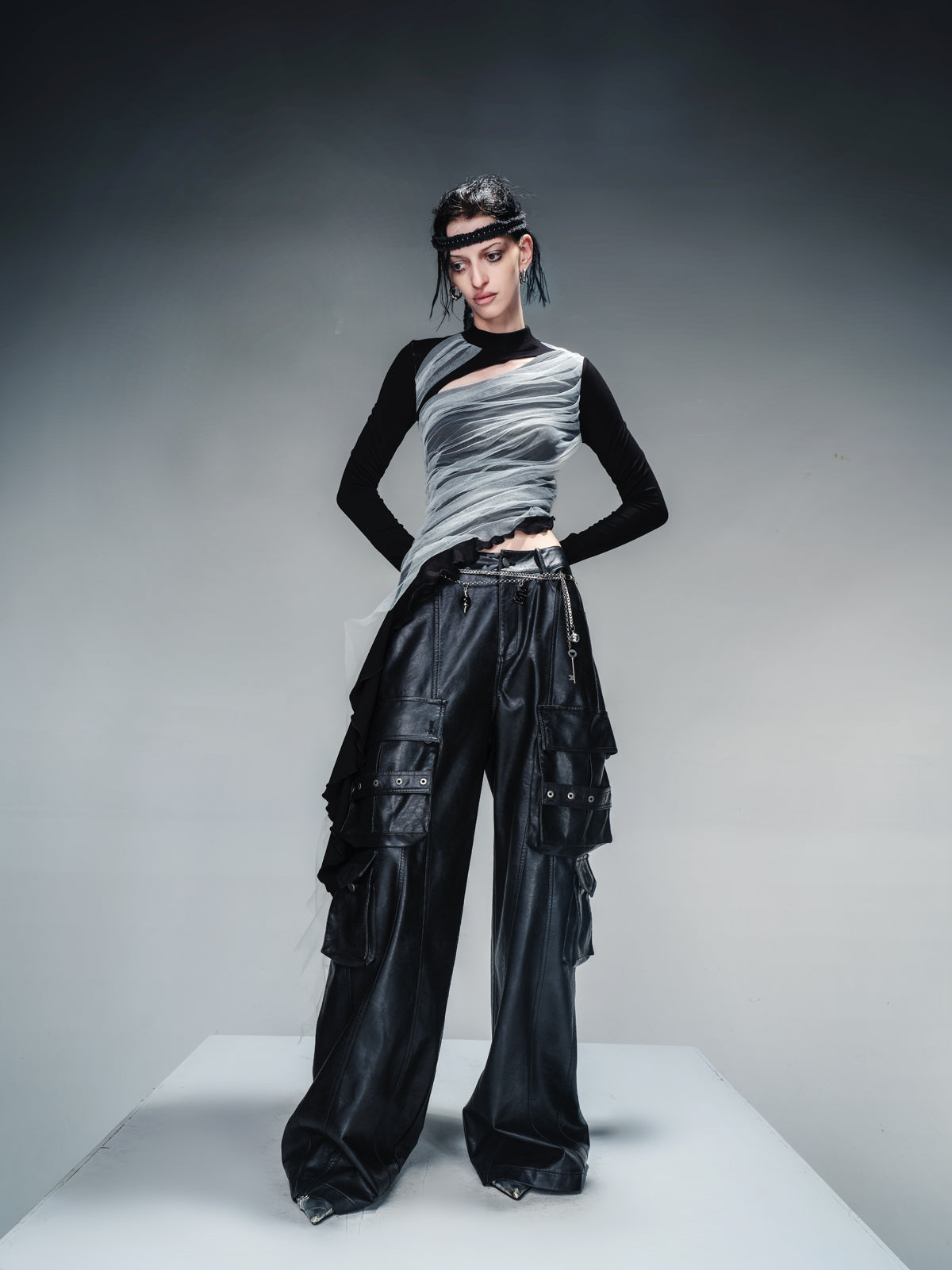 NN NORTH NODE Layered Sheer Mesh Top With Asymmetric Hem