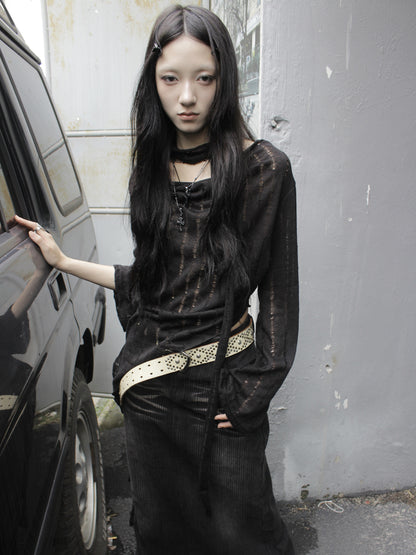 ang project Wasteland Style Asymmetrical Collar Knit Top with Scarf