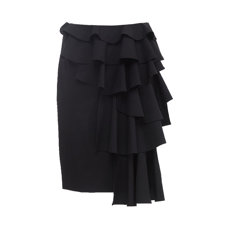 YOSHUYUKI Asymmetrical Lace Trim Black Straight Skirt