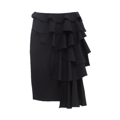 YOSHUYUKI Asymmetrical Lace Trim Black Straight Skirt
