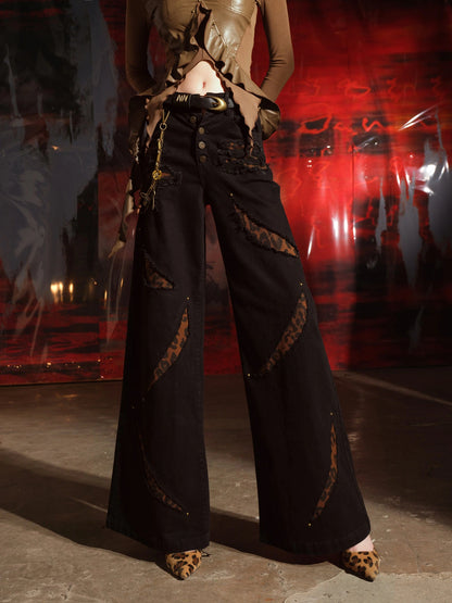 Leopard Print Patchwork Denim Flares