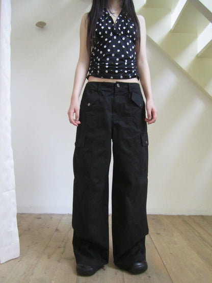 Vintage Washed Mid Low Rise Button Pocket Straight Leg Pants