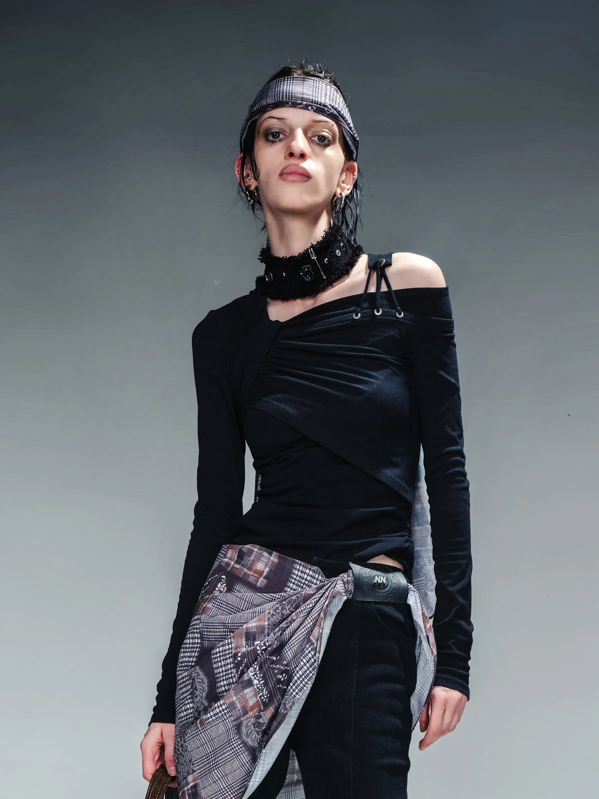 Asymmetric Neckline Ribbed Stretch Top V-neck T-shirt Long Sleeve