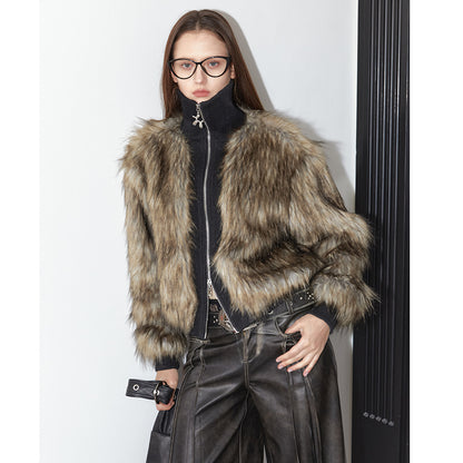 2th Desire Vintage Black Faux Fur Ribbed Short Jacket