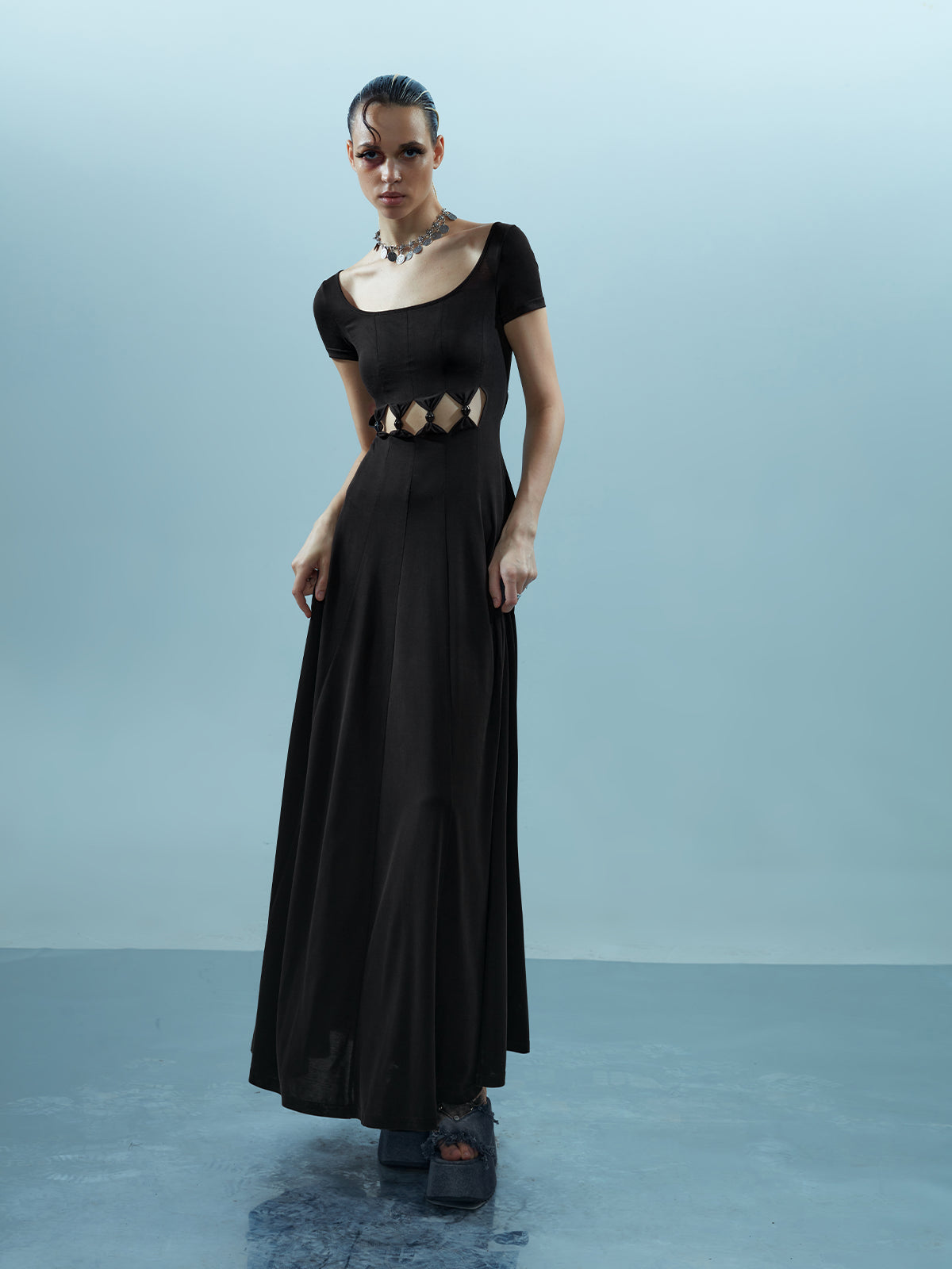 NN NORTH NODE V-neck Ethereal Threads Beaded Cutout Dress