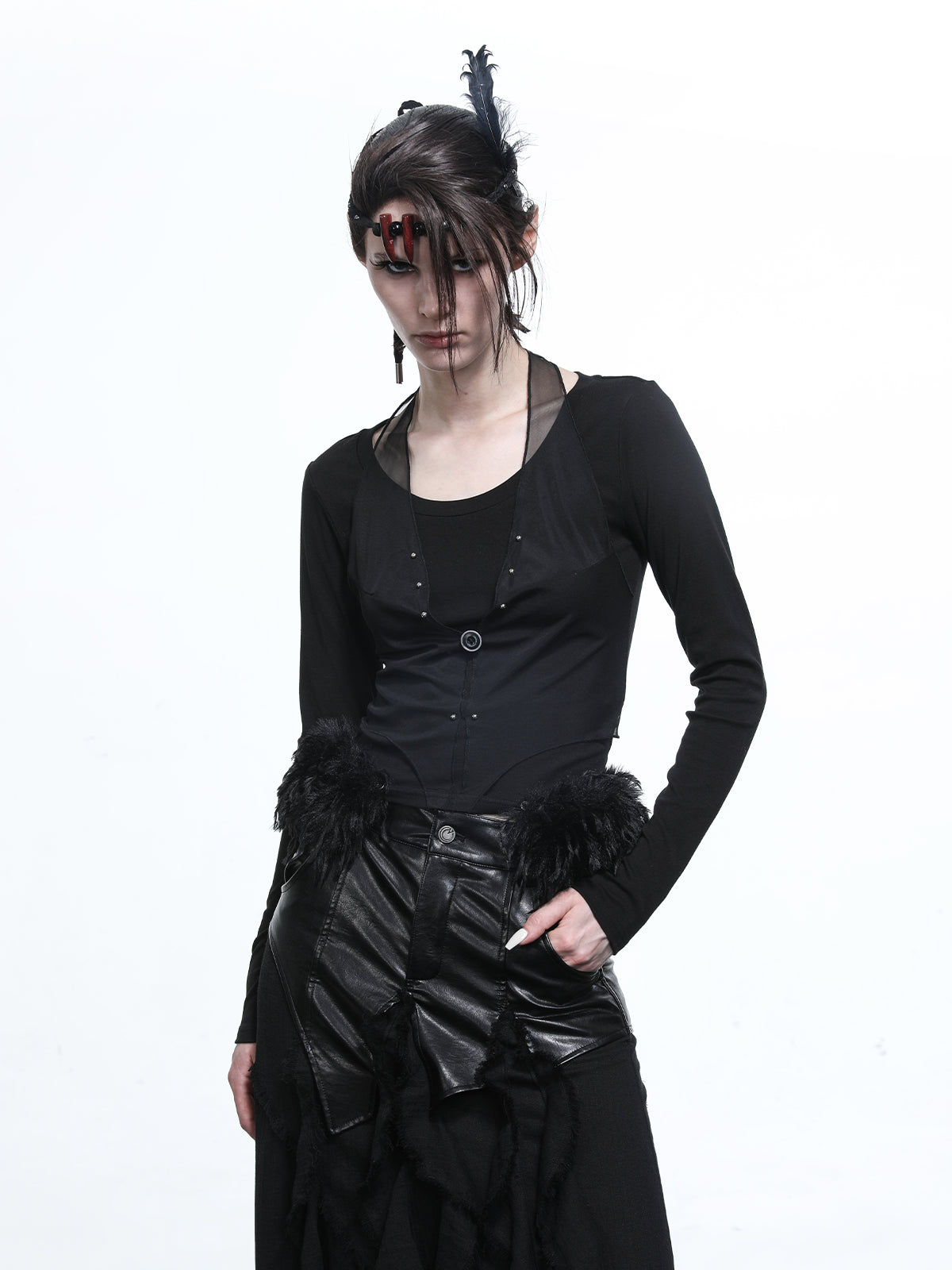 NN NORTH NODE Hooded Layered Mesh Detachable Fringe T-shirt