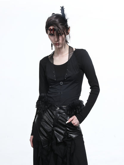 NN NORTH NODE Hooded Layered Mesh Detachable Fringe T-shirt