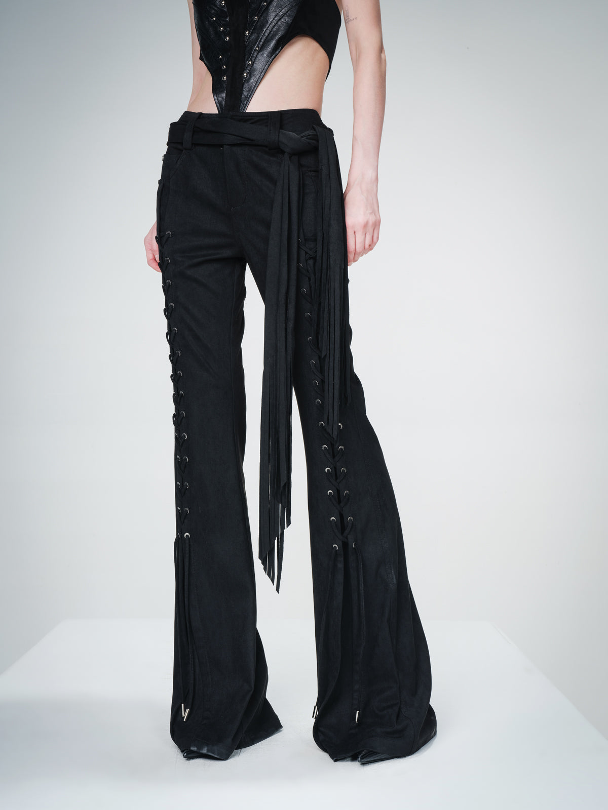 UpdateNN NORTH NODE Suede Flared Trousers with Detachable Waist Sash and Lacing Detail