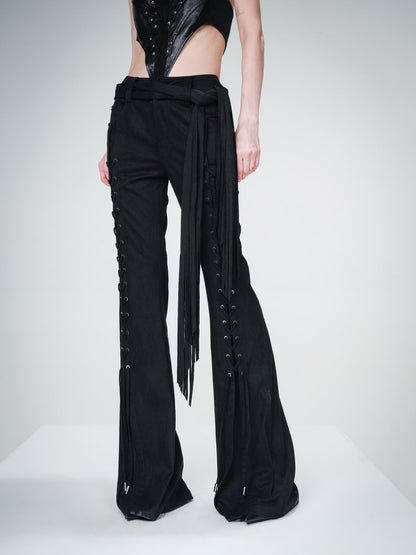 UpdateNN NORTH NODE Suede Flared Trousers with Detachable Waist Sash and Lacing Detail