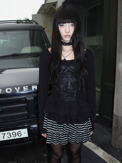 Updateang project Double Layer Floral Print Hem Ruffle Trim Long Sleeve Tee