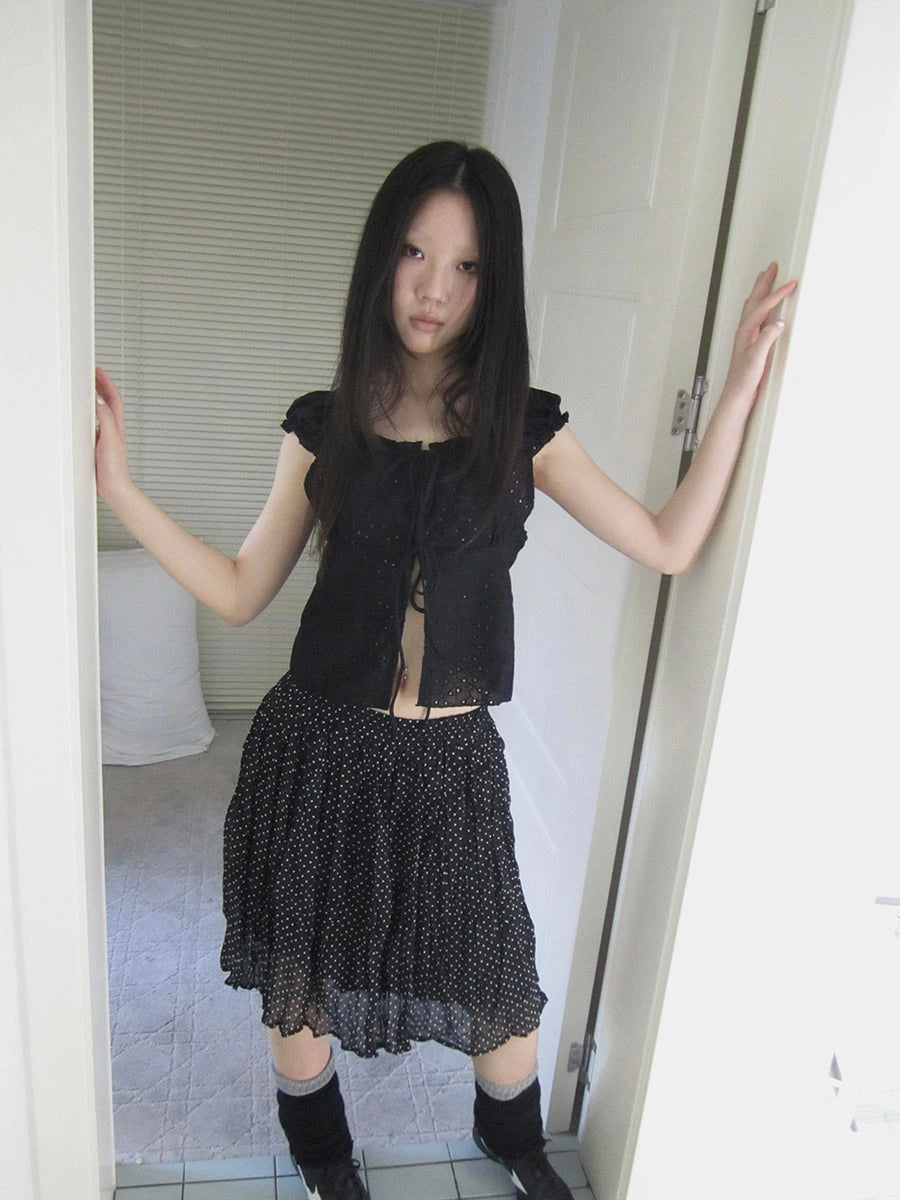 Vintage Korean Summer Layered Hollow Out Tie Crop Top